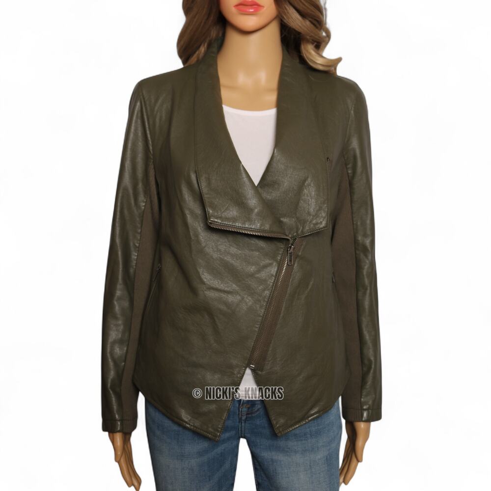 BB Dakota Olive Faux Leather Moto Jacket Asymmetrical Zip Drape Front Size S - Picture 2 of 9